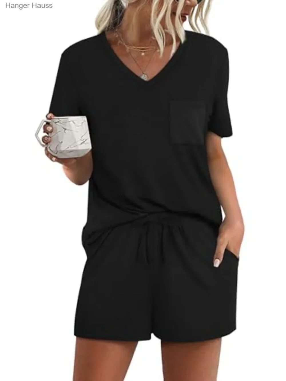 V-Neck Pajama Set with Pockets - 2 Piece Lounge Set
